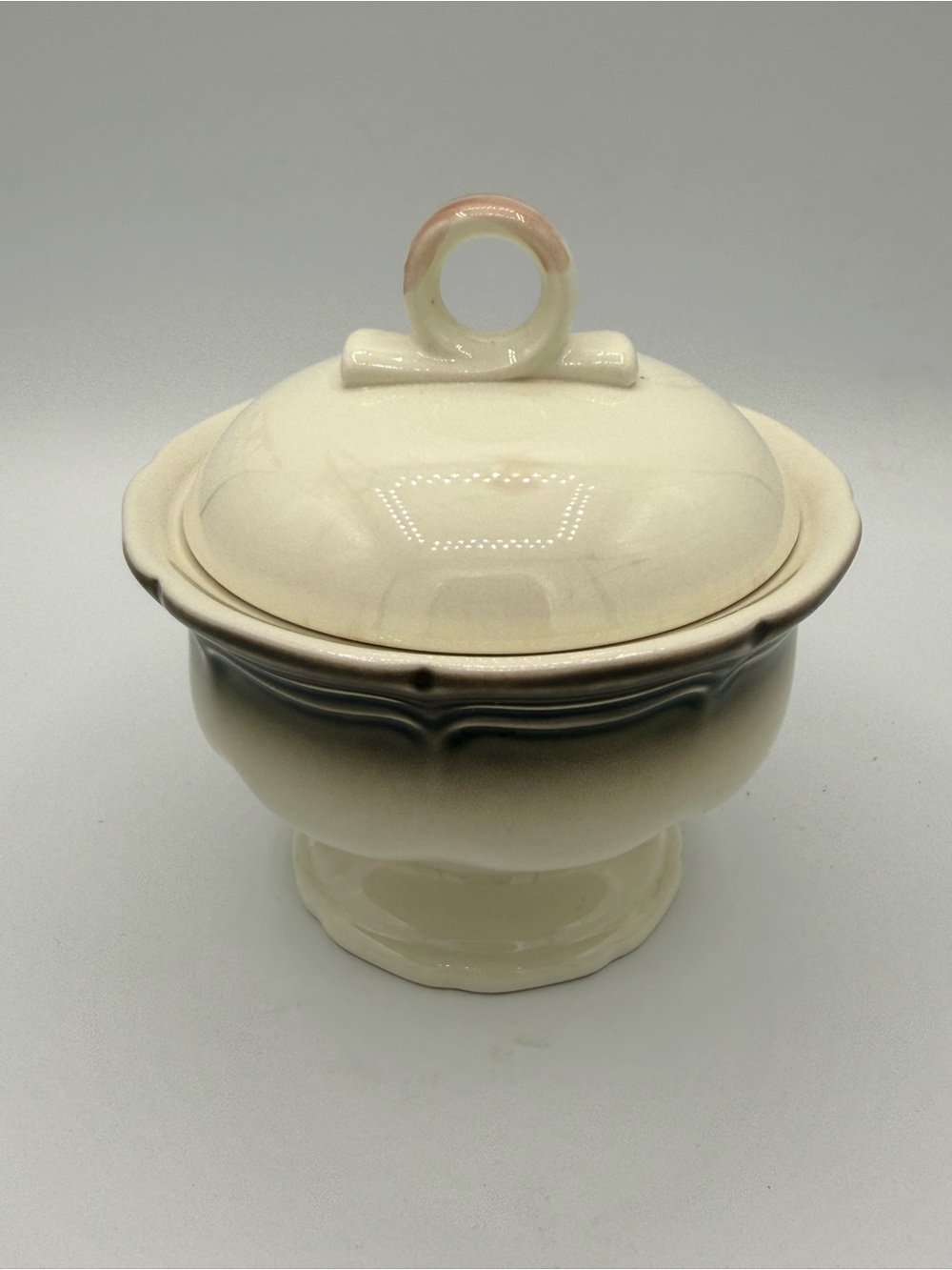 Mikasa Country Estate ceramic sugar bowl with lid and gradient glaze.
